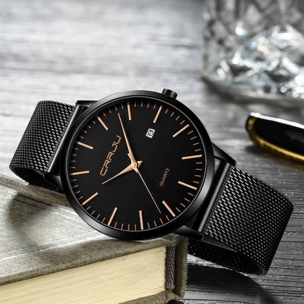 CRRJU Mode Watch Ultratunn kvartsklocka Herr Casual Slim Mesh Stål Vattentät Watch Svart Relogio Masculino black black silver