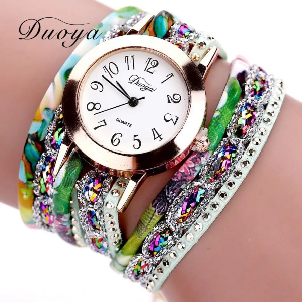 2019 Toppmärke Lyxklockor Dam Blomma Populär Quartz Diamond Läder Armband Kvinnlig Dam Gemstone Dress Watch Green