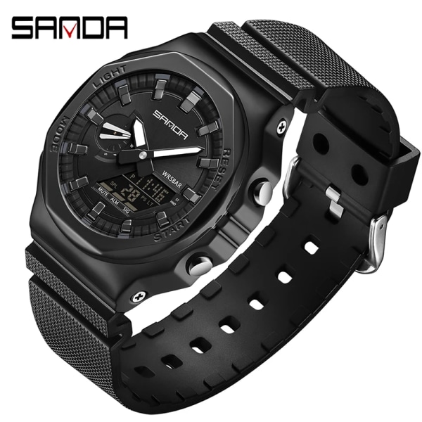 SANDA Brand 2023 Herrklockor Dual Display Digital Quartz Armbandsur 50m Vattentät Sport Watch Relogio Masculino Black