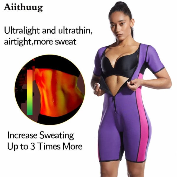 Aiithuug Bastudräkt för kvinnor Shapewear Viktminskningskorsett Svett Body Shaper Bantning Neopren Kortärmad neoprenbody black S