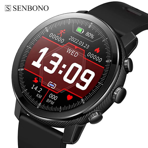 SENBONO Män Smart Watch Rund Bluetooth Svara samtal Klockor Anpassade urtavlor Sport Smartwatch Män Dam för Android IOS Red