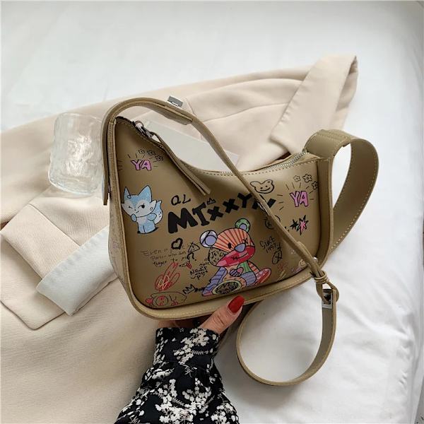 Cartoon Graffiti PU Läder Armhåla Axelväskor För Kvinnor Mode Ny Kvinnors Designer Crossbody Bag Lyxmärke Handväska Khaki 24cmx18cmx7cm