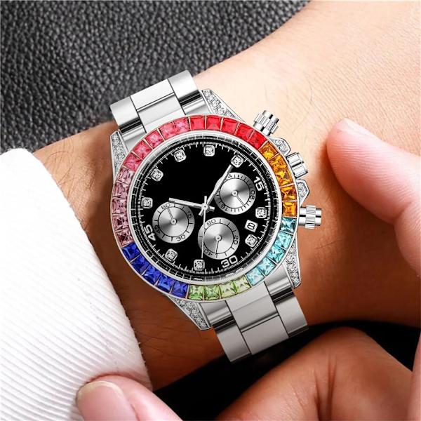 Lyxiga strass män Business klockor Mode rostfritt stål kvarts armbandsur med datum kalender Relogio Masculino silver