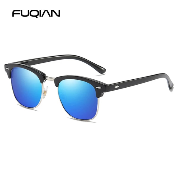 FUQIAN Klassiska Solglasögon Polariserade Män Retro Square Rivet Solglasögon Kvinnor Man Körglasögon UV400 Black Blue Polarized