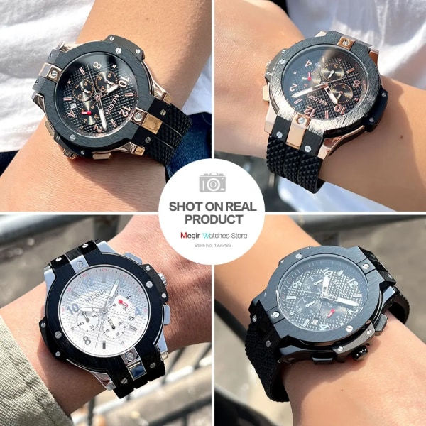 MEGIR Analog Quartz Watch for Herr Mode Chronograph Armbandsur med silikonrem Ljusande händer Automatisk datum 24-timmarsvisning White-Box