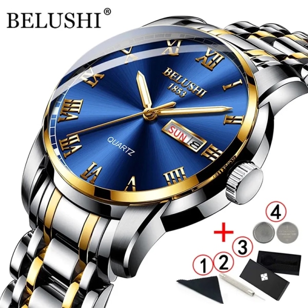 BELUSHI Business Herrklockor Kända märke Lyxig Big Dial Watch Vattentät Quartz Gold Watch Herr montre homme 2021 white gold-silv tool
