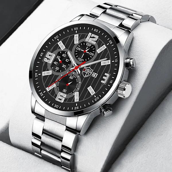 Herrmode Sportklockor för män Business rostfritt stål Quartz Armbandsur Kalender Man Casual Läder Luminous Clock Watch Leather Black Silver