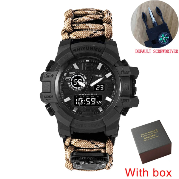 Män Militärsport LED Digitala klockor Kompass Utomhus Överlevnad Multifunktion Vattentät Herr Quartz Watch Relogio Masculino gold with box