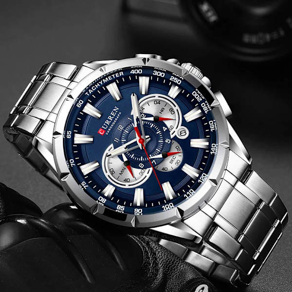 Curren Herrklockor Toppmärke Lyx Chronograph Quartz Watch Vattentät Watch Herr Rostfritt stål Herrklocka Silver Blue
