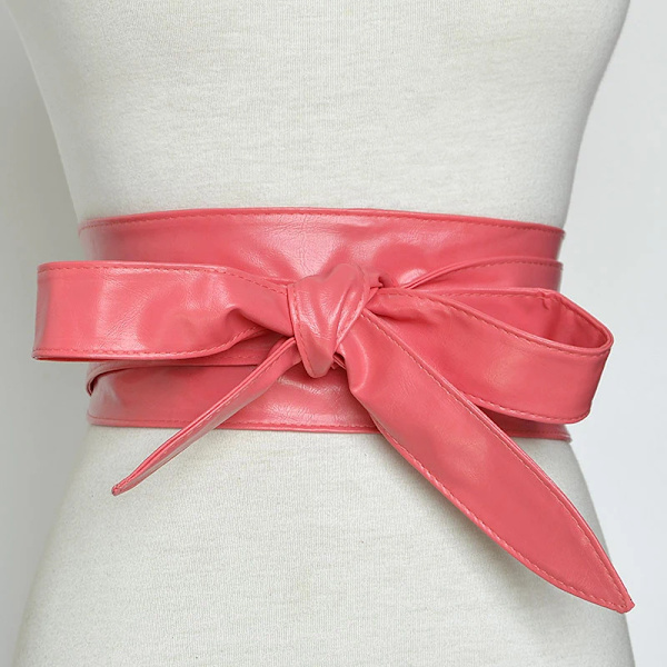 Kvinnor Snörning Pu-läderbälte Nytt Bowknot Bälten Längre Bred Bind Midjeband Slips Rosett Dam Klänning Dekoration Mode 2022 Pink one size