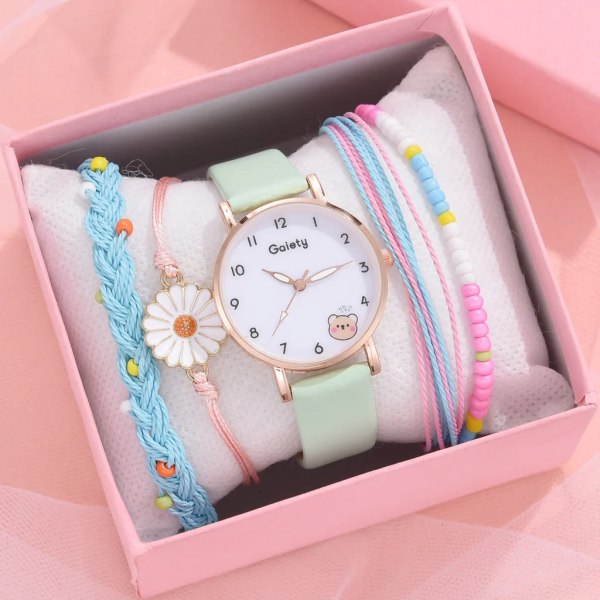 Nytt 5 st Damklocka Watch Set Läder Söt Björn Flickor Armbandsur Mode Dam Quartz Klocka reloj mujer Studentpresent A green