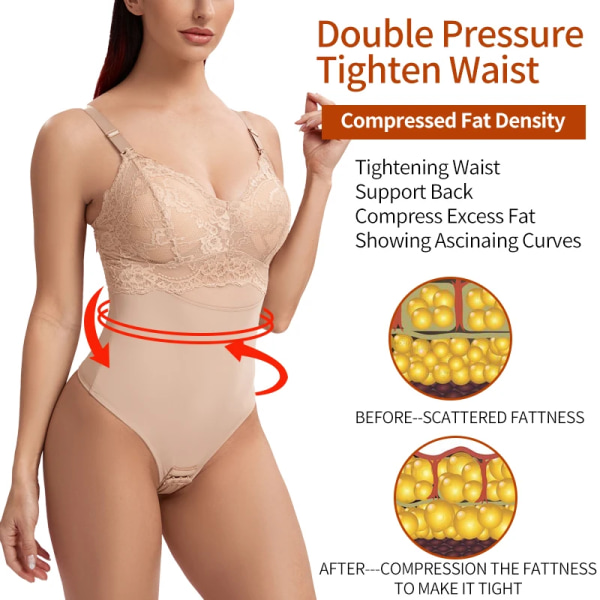 Spetstrosor Body Shapewear Kvinnor Sömlös Helkroppsformare Bantning Midja Magkontroll Underkläder Platt Mage Naken Korsett White-Full Lace XXL