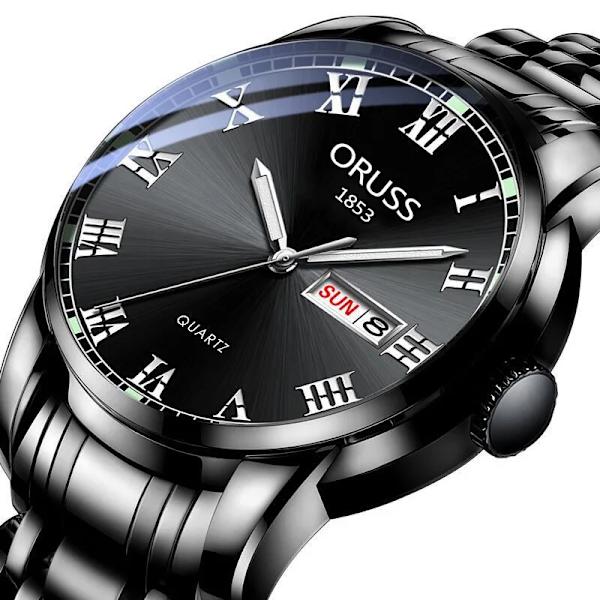 Watch män i rostfritt stål Business Dateklocka Vattentät lysande klockor Herr Lyx Sport Quartz Watch Black