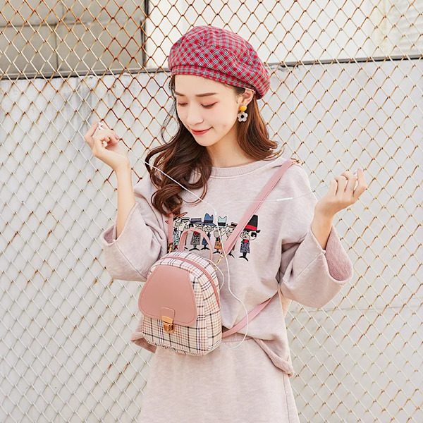 Mini Crossbody-väska för tonårsflicka Pläd kvinnor axel telefonväska Koreansk stil Ny trendig kvinna Pink
