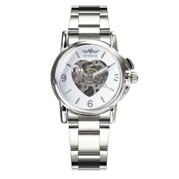 VINNARE Klockor Watch 2020 Automatisk Mekanisk Golden Heart Skeletturtavla Rostfritt stålband Elegant Watch SILVER WHITE