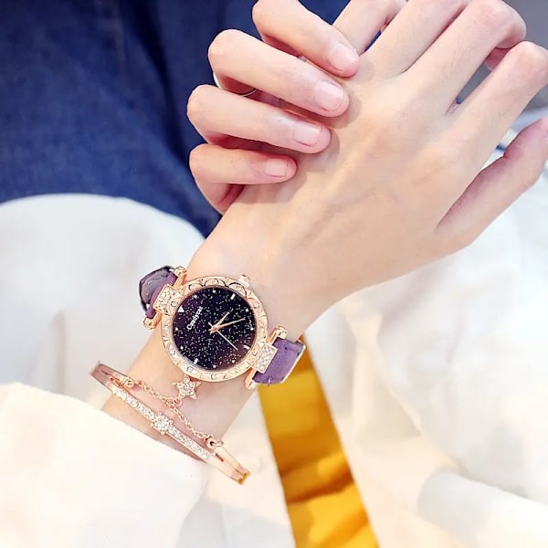2st Set Damklockor Set Starry Sky Watch Casual Läder Sport Quartz Clock Montre Femme Purple