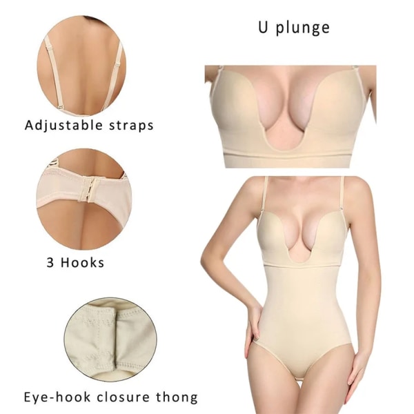 Bodysuits Sexiga Deep V Underkläder XS Dam Klänning Party NO Wire Cup Full Slip Bantning Waist Trainer Body Shaper Shapewear apricot with wire M