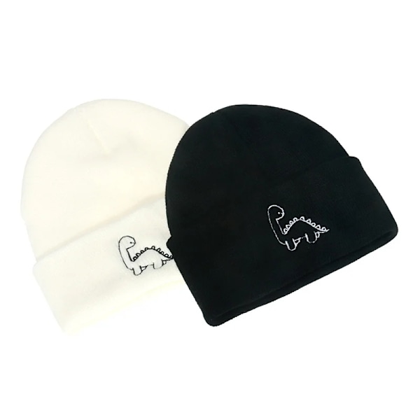 Unisex Bomullshatt Banniehatt Mjuk Stickad Hatt Dinosaur Broderade Mössor Mode Män Vintermössor Kvinnors Skullies För Flickor White 56-58cm