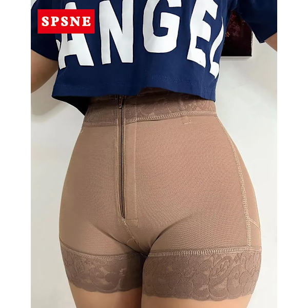 Spets Butt Lift Shaper Dragkedja Korta bälten för kvinnor Ta bort magen Slimmande Underkläder Höftlyftande Shorts Khaki XS