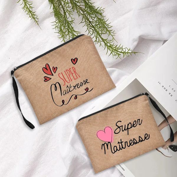 Sminkväska för kvinnor Kosmetisk väska Teacher Pouch Merci Ma&#238;tresse Lärare förvaringsväska Kosmetisk handväska Dragkedja Presentpåse till lärare C 003 (Linen)