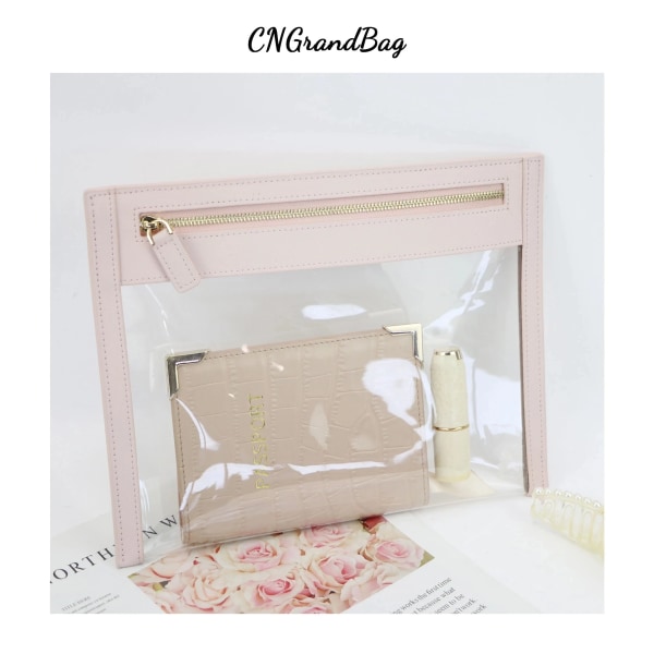 Skräddarsydda bokstäver Färgglada Saffiano Läder Klar PVC Kosmetikväska Dam TPU Organizer Tvättväska 5368 S pink 25.5X19CM
