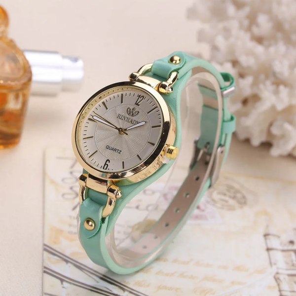 Kvinnor Casual Klockor Rund Urtavla Nit PU Läderarmband Armbandsur Dam Analog Quartz Watch Present Mint green