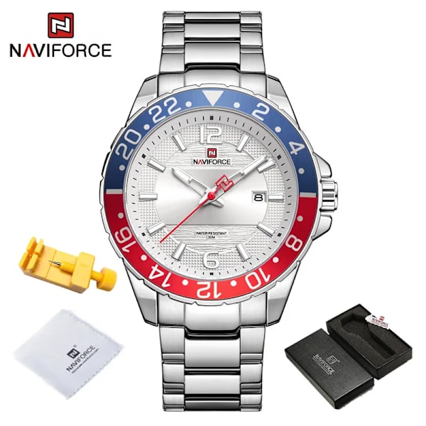 Naviforce Casual Märke Watch Watch i rostfritt stål för män Kvarts datumklocka med lysande visare Relogio Masculino SSW-BOX