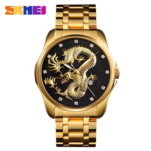 SKMEI Toppmärke Lyx Watch Golden Dragon Quartz Klockor Herr Vattentät datumvisning Armbandsur i rostfritt stål Hane gold black