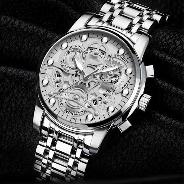 Watch för män Skelettdesign Mode Mekanisk stil i rostfritt stål Quartz rörelsekalender Vattentät Armbandsur för män 2451JH