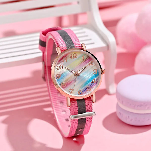 Mode regnbågsfärg watch Nylon Färgglad armbandsur för damer Casual Quartz kvinnlig klocka Studenternas presentreloj Pink