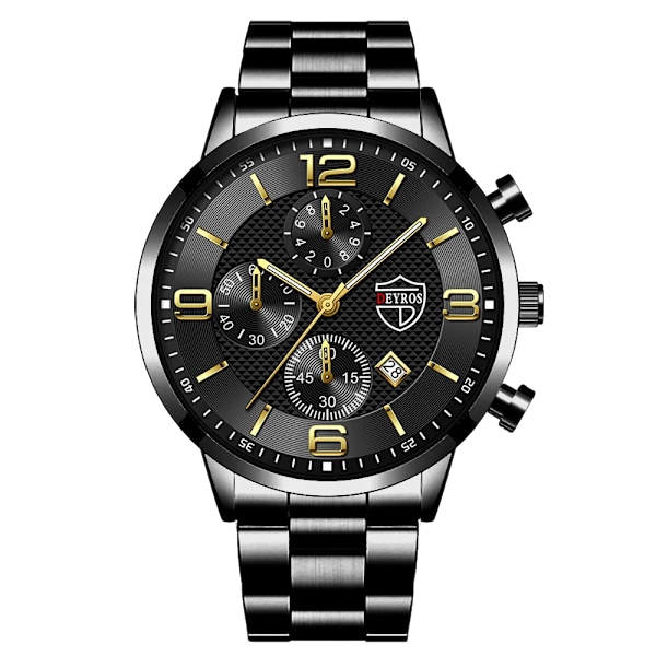 Lyx Herr Klockor i rostfritt stål Mode Herr Affär Läder Watch Man Kalender Datum Lysande klocka relogio masculino Steel Black Gold