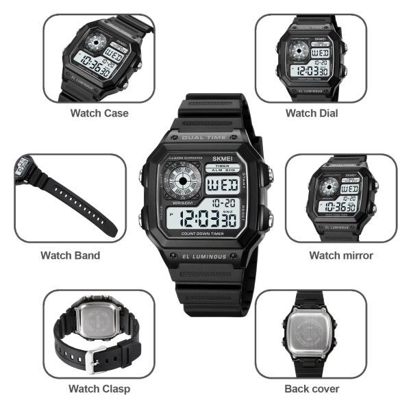 SKMEI 1998 Herr Multifunktion 5Bar Vattentät Chrono Armbandsur Klocka reloj hombre Japan Digital Movement Countdown Watch black