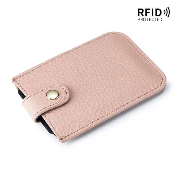 Smal korthållare i äkta läder Snabb åtkomst dragflik RFID-foder Mjuk kohud Män Kvinnor Bärbar cover. Pink