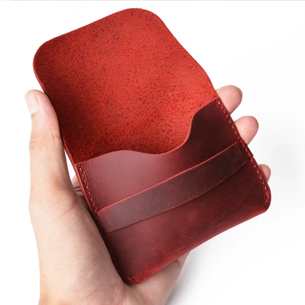Enkel korthållare i äkta läder Creative Retro Casual Mini plånbok Första lager Kohud Läder Liten förvaring Wine Red