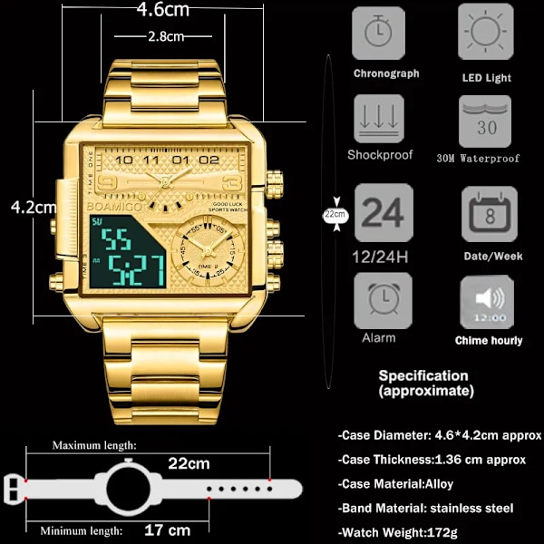 BOAMIGO Toppmärke Lyxmode Herrklockor Guld Stål Sport Fyrkantig Digital Analog Big Quartz Watch for Man relogio masculino black pi(.103)