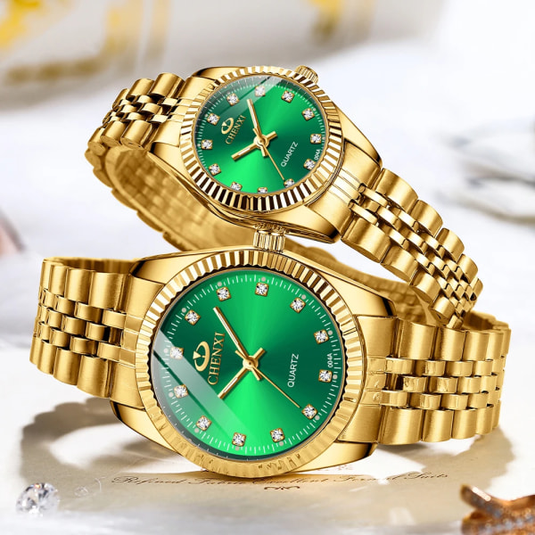 CHENXI Mode Lyx Herr Watch Guld Blå Kvarts Watch Rostfritt stål Par Klocka Casual Vattentät Herrklockor Men Golden Green