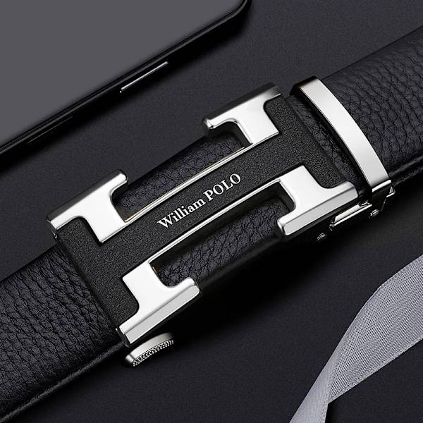 WILLIAMPOLO Herrbälte Herr Högkvalitativt Läderbälte Herr Herrband i äkta läder Lyxigt Automatiskt spänne Modejeans Silver-20573 110cm