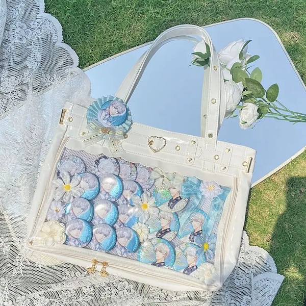 HAEX Lolita Damväska Trend Subkultur Patentläder Ita-väskor Dammode DIY Harajuku Estetisk Tote Bolso Mujer Blue 41x29x8cm