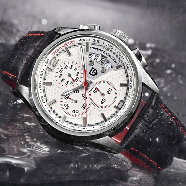 Pagani Design New Chronograph Stop Watch Luminous Watch Single Calendar Sports Läderklockor för män -PD-3306BRE white red B