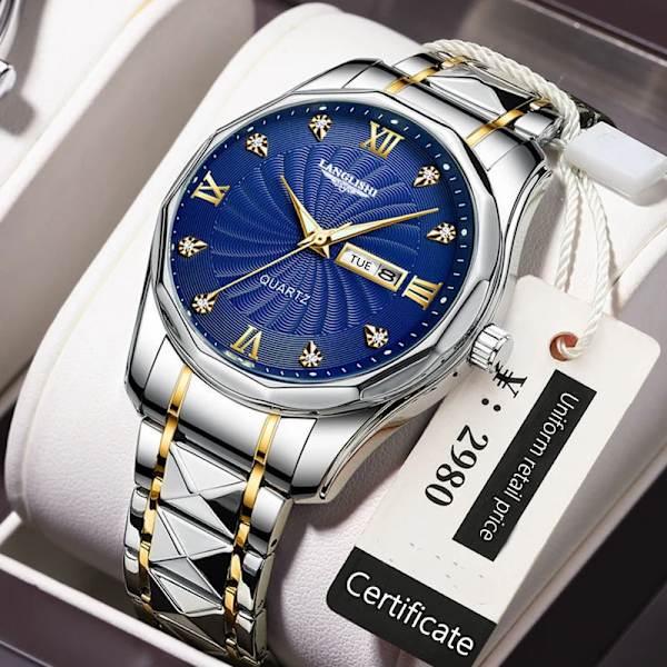 Gratis släpp watch Herr Quartz Herrklockor Topp Lyx Watch Man Guld Rostfritt stål Relogio Masculino Vattentät golden blue