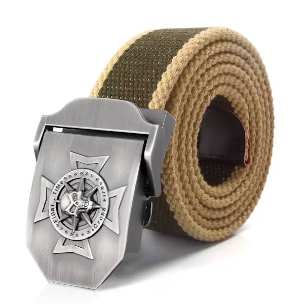 BOKADIAO Herr & Kvinnor Militär Canvas bälte lyxigt midjeband Skalle Cross Metal spänne jeans bälte Army taktiska bälten för manlig rem Green beige side 110cm