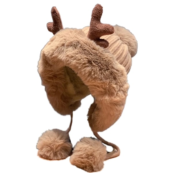 Vintermössa för kvinnor, varm fodrad med pompom, hornöronlappsmössa, söt skalle, utomhus, skridskoåkning, cykling, julklapp Khaki