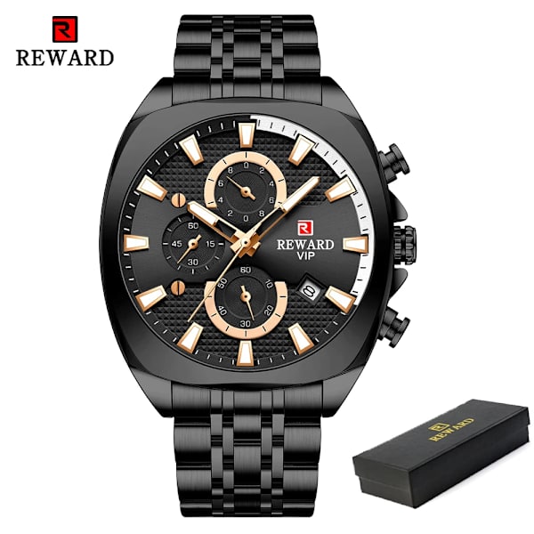 REWARD Herrklockor Toppmärke Lyx Rostfritt stål Kronograf Watch För Herr Mode Datum Vattentät Klocka Reloj Hombre Black