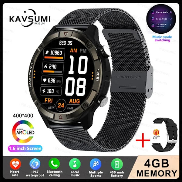 Ny 4G Memory Smart Watch AMOLED 454*454 HD Visa alltid tiden Bluetooth Ring Smartwatch For Herr Huawei TWS hörlurar Dark grey Mesh Belt 4GB Memory