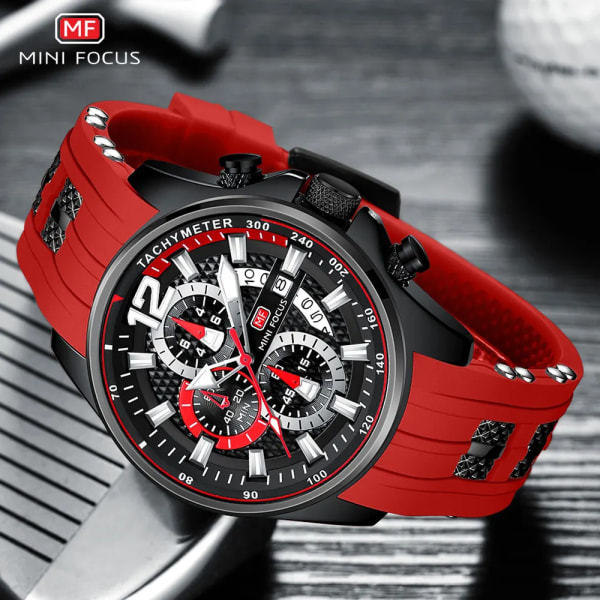 MINI FOCUS Röd watch för män Mode Lyx Chronograph Quartz Armbandsur med silikonband Lysande visare Datum Vattentät 0350 0350Black-Box