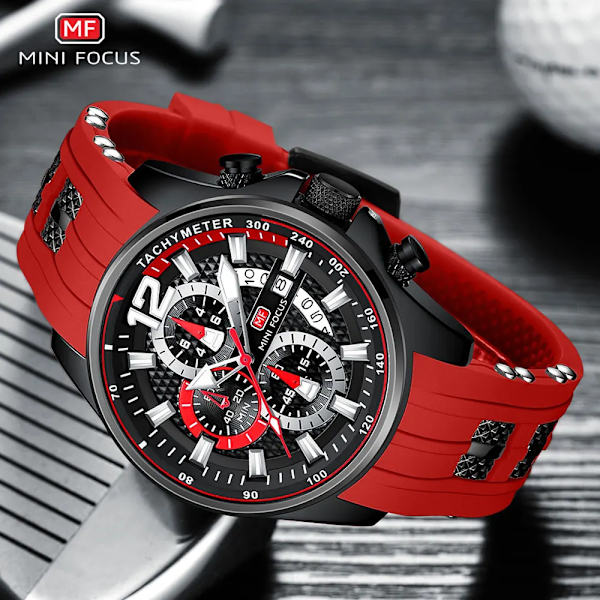 MINI FOCUS Röd watch för män Mode Lyx Chronograph Quartz Armbandsur med silikonband Lysande visare Datum Vattentät 0350 0350Rose black