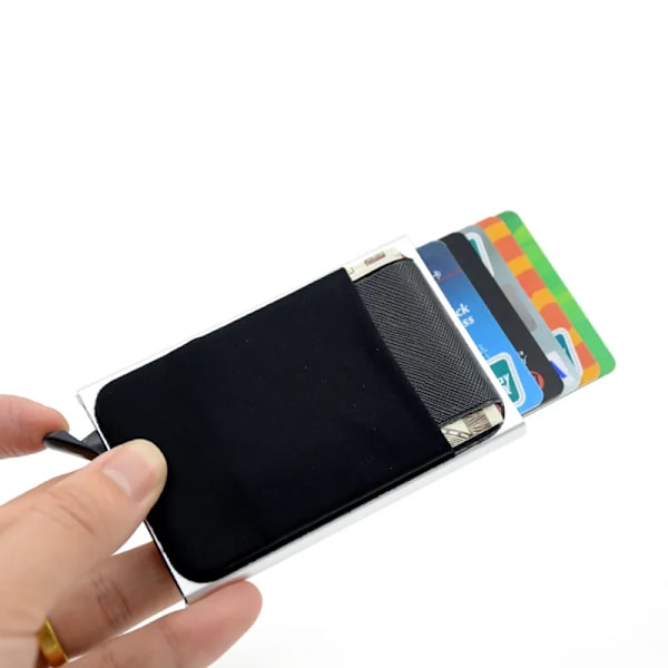 YUECIMIE Smal plånbok i aluminium med elasticitet på baksidan ID Kreditkortshållare Mini RFID-plånbok Automatisk pop-up case Deep Blue