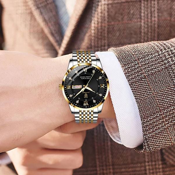 Män Watch Rostfritt stål Top Quailty Lyx Tryckknapp Dold Spänne Vattentät Lysande Date Week Sport Armbandsur Black