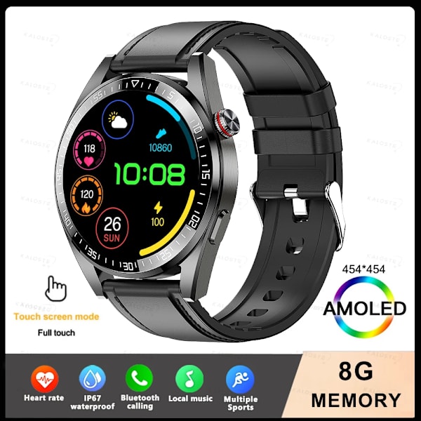 Ny Smart Watch Herr 8G Minne Lokal Musikspelare 454*454 AMOLED-skärm Bluetooth Call Sports Man Smartwatch För Huawei Leather Dark gray Original box