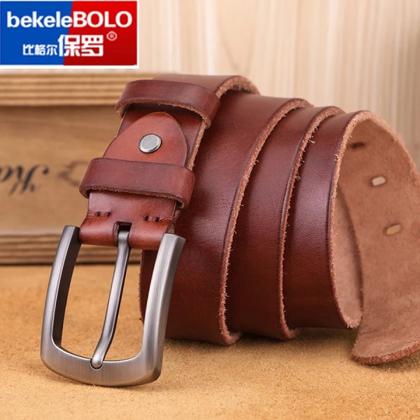 Herrbälte i äkta läder, legering, retrodesign, högkvalitativt märkesbälte för män Toppproduktion av koskinn Brown 95CM